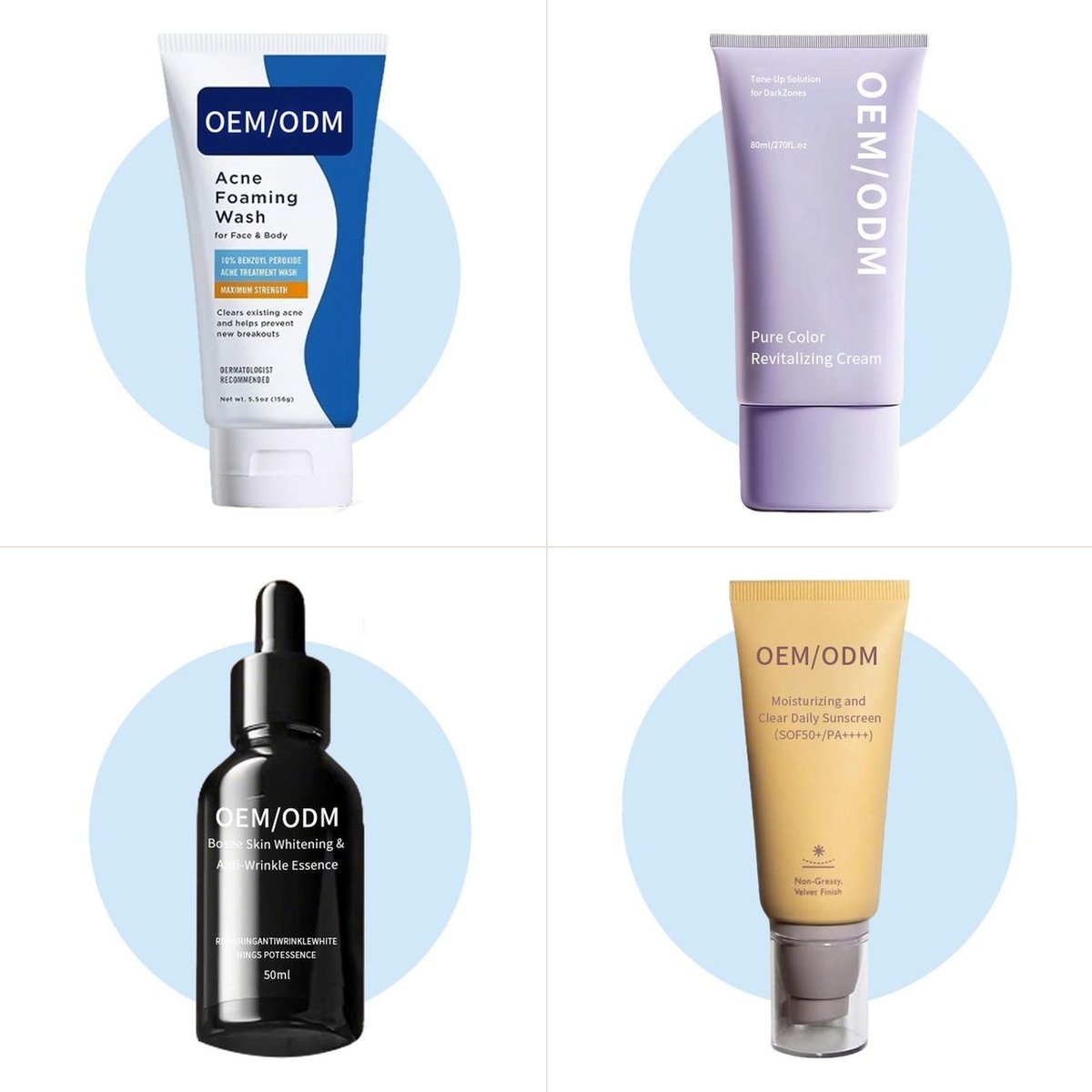 YANE Beauty catalogue products — acne foaming cleanser, tone-up brightening cream, brightening serum and daily sunscreen